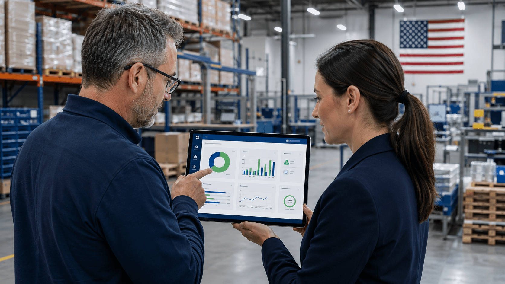 Warehouse and operations leaders reviewing inventory activity in a modern industrial facility.