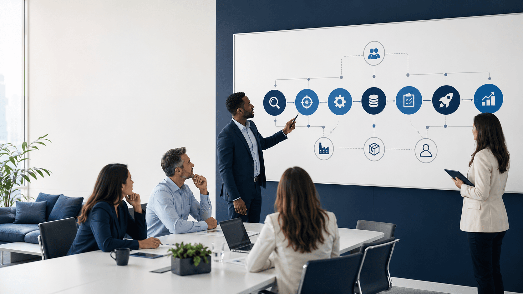 Business leaders reviewing a phased ERP implementation roadmap across operations, finance, inventory, and customer workflows.