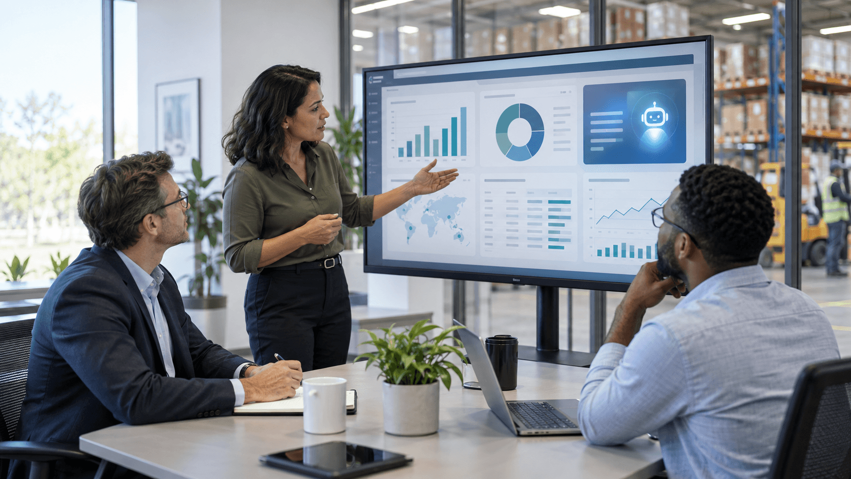 Operations, finance, and IT leaders reviewing an AI-assisted ERP dashboard.