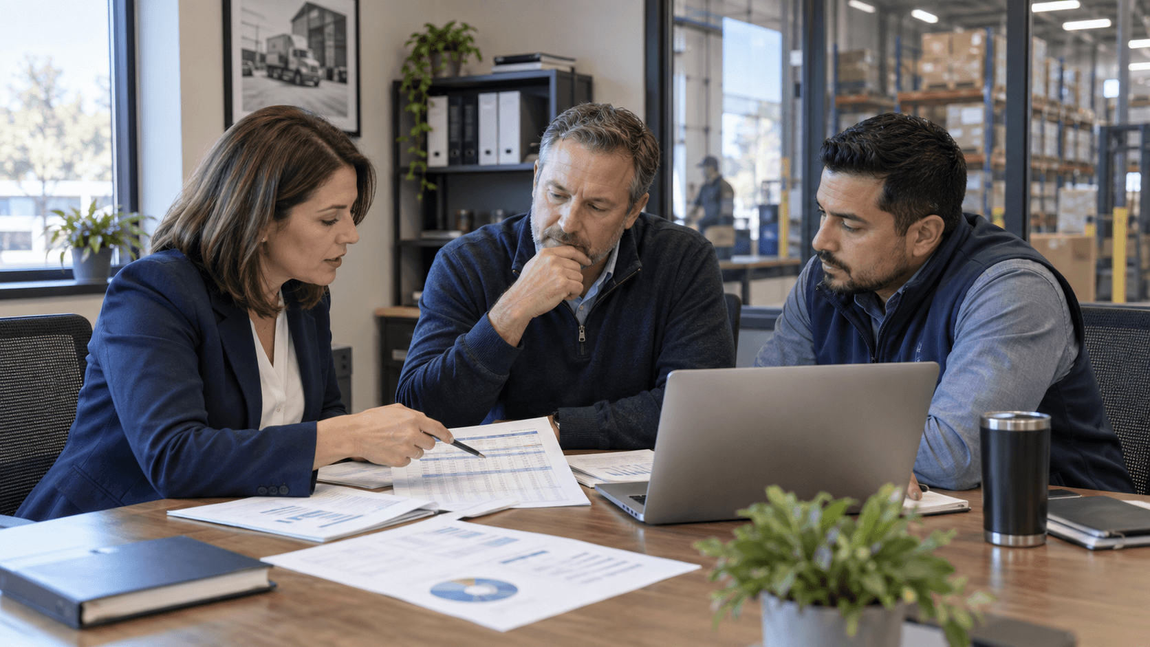 Finance and operations colleagues reviewing reports before planning a shared ERP system.