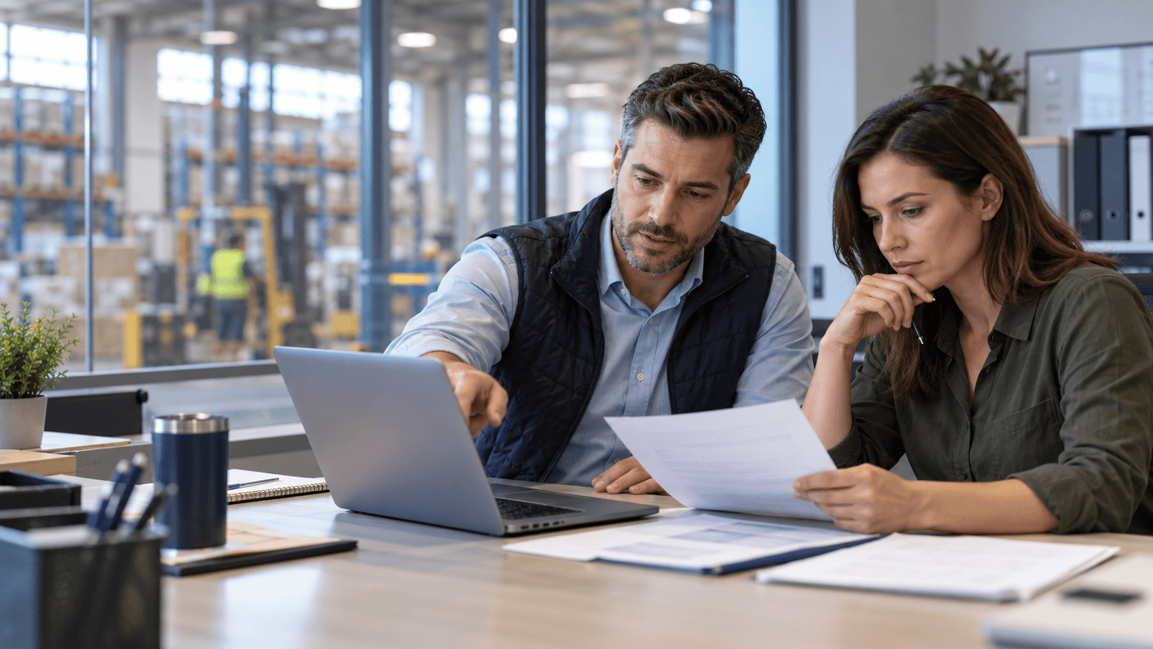 Purchasing colleagues review a supplier quote in an office beside a warehouse.