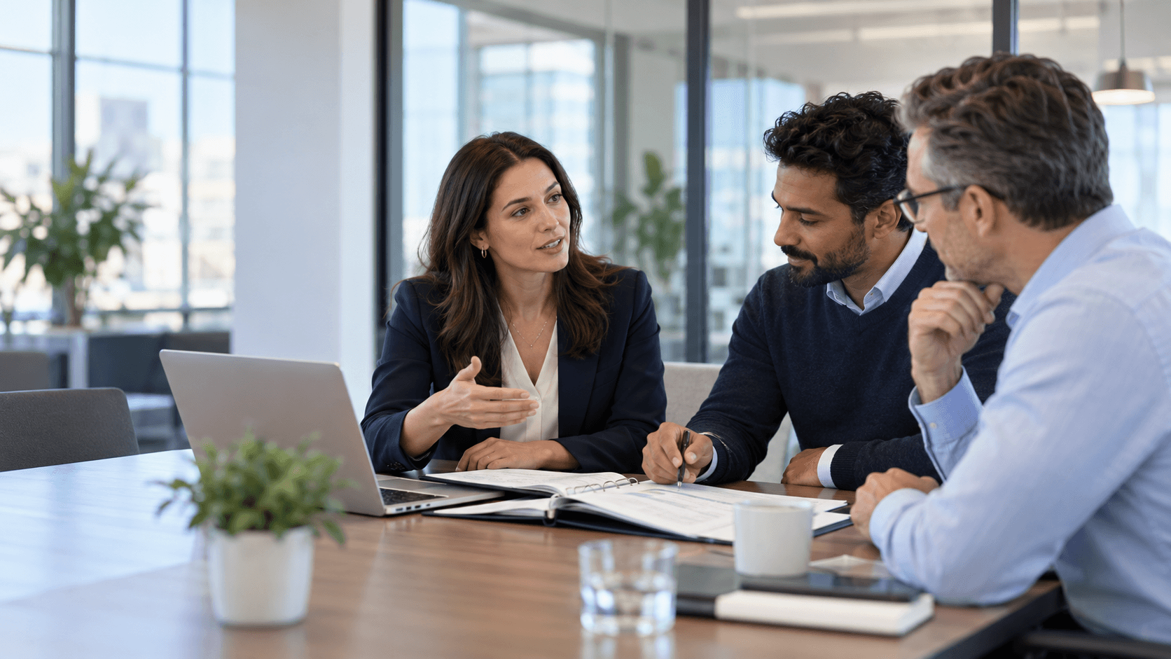 Sales, delivery and a customer review project details together in a meeting room.