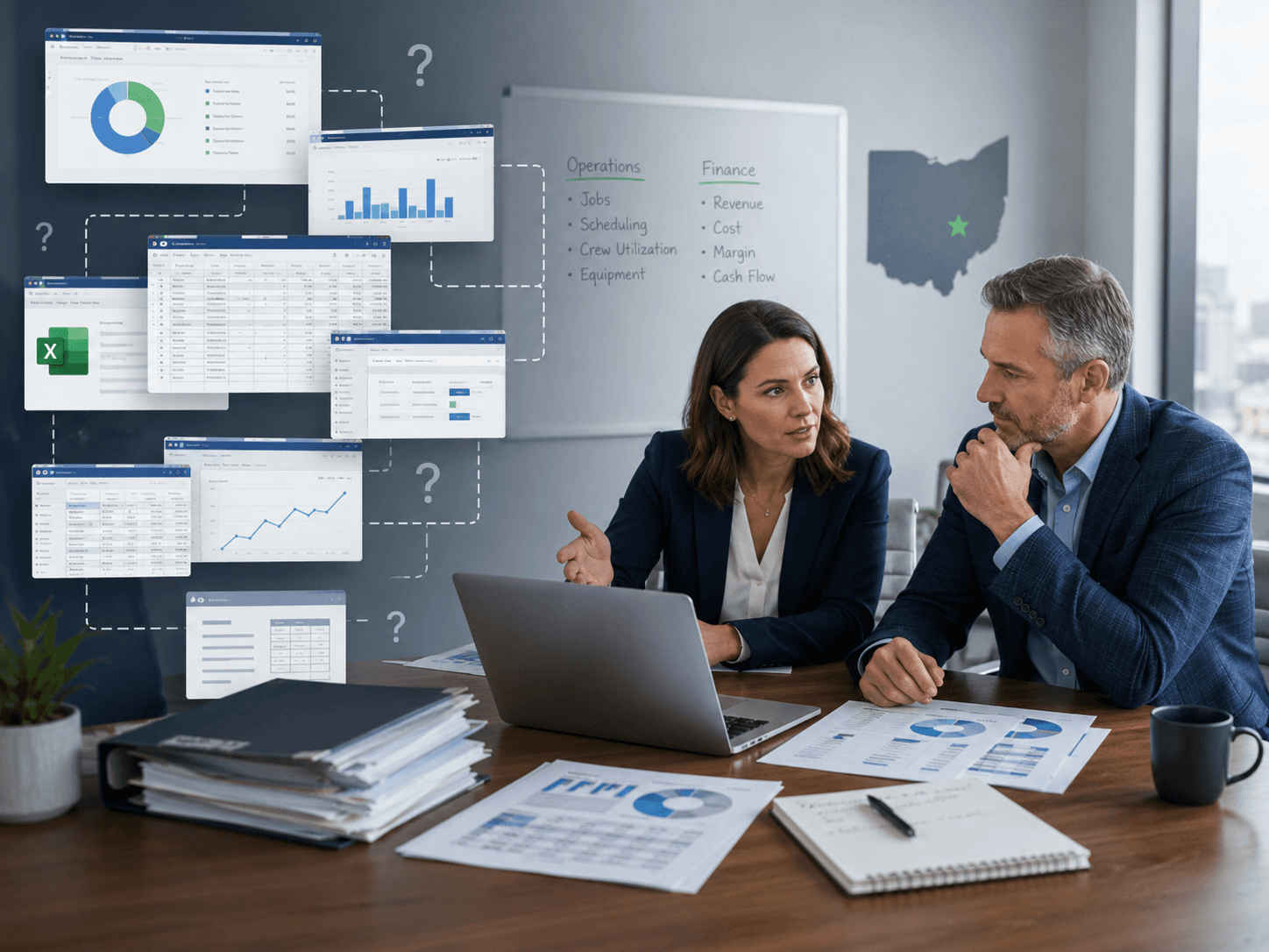 Business leaders reviewing disconnected software dashboards, spreadsheets, and operational reports before consolidating with Odoo ERP.