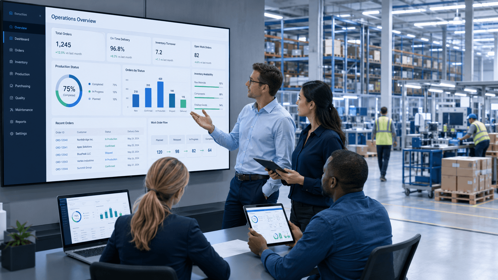 Manufacturing and warehouse operations team reviewing connected Odoo ERP dashboards for inventory, sales, purchasing, accounting, and reporting.