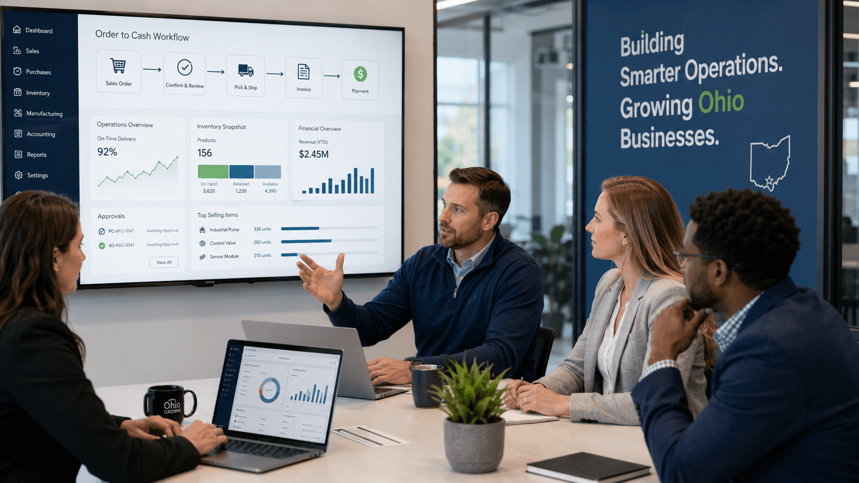 Business and technology team reviewing customized Odoo ERP workflows, dashboards, and process requirements.