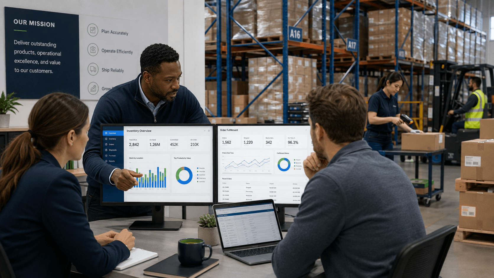 Operations leaders and warehouse managers reviewing inventory dashboards, stock movement, and order fulfillment data.