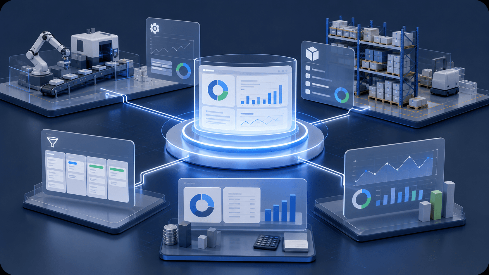 Connected ERP assessment visual showing manufacturing, inventory, sales, finance, and reporting workflows