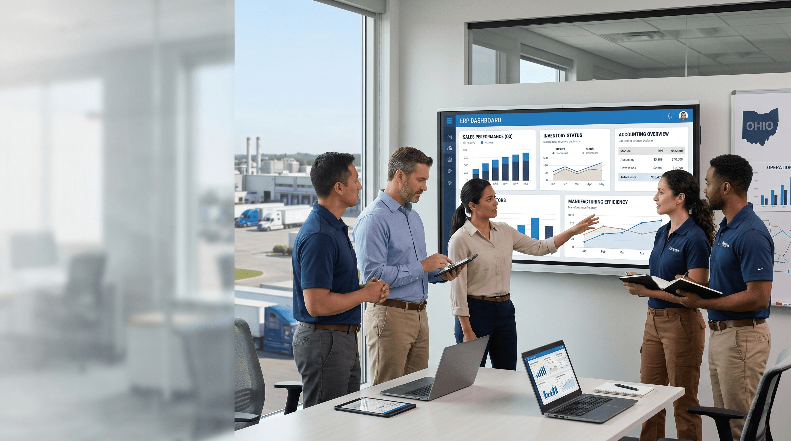 Ohio business team reviewing Odoo ERP dashboards for sales, inventory, accounting, and manufacturing operations.