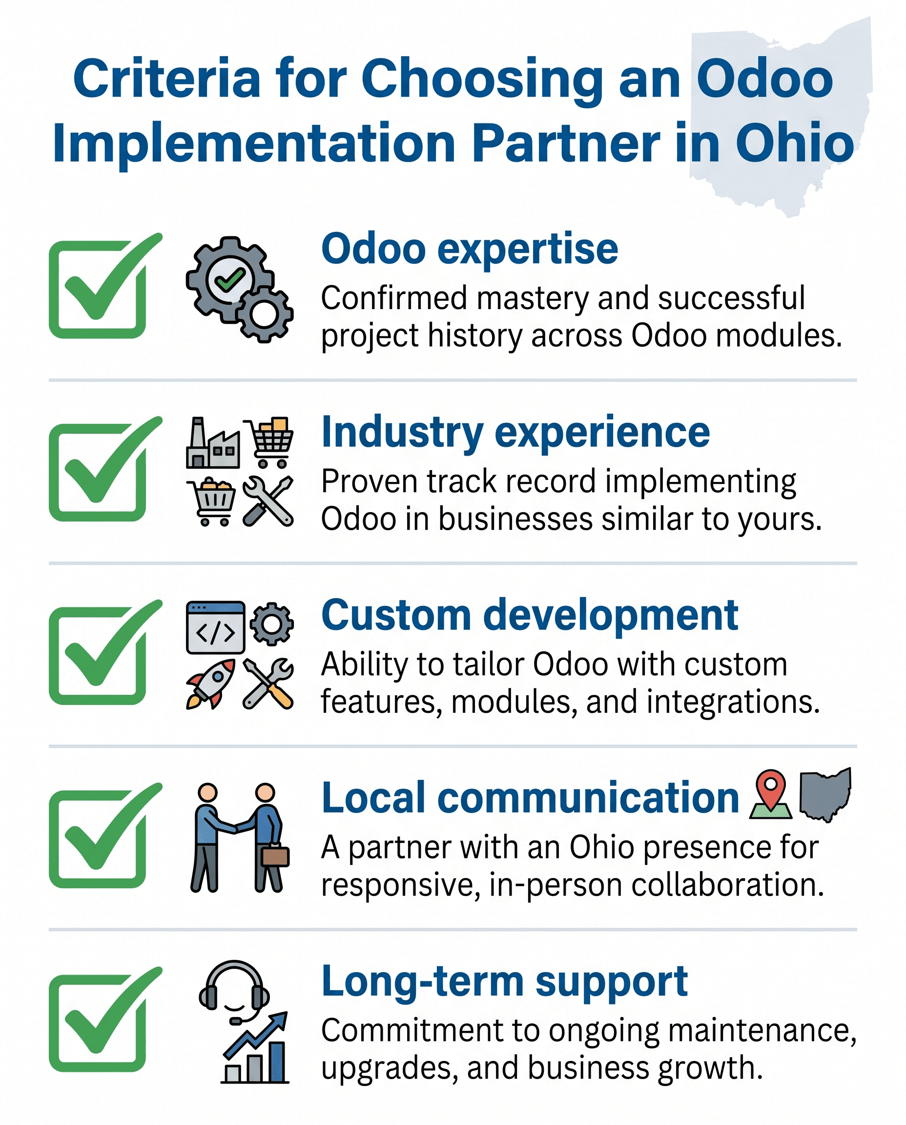 Checklist for choosing an Odoo implementation partner with Odoo expertise, industry experience, custom development, local communication, and long-term support.