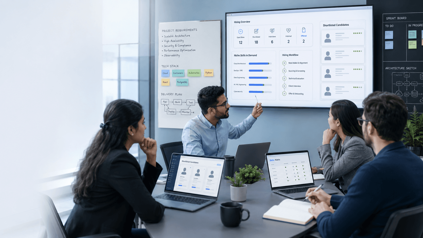 Technology hiring team reviewing shortlisted niche IT candidates and project requirements for faster, quality-focused staffing.