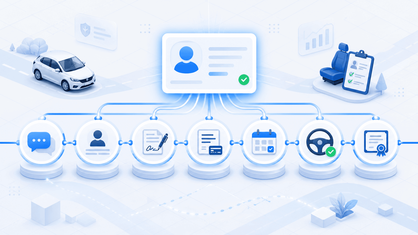 Connected driving-school student journey from lead through training completion
